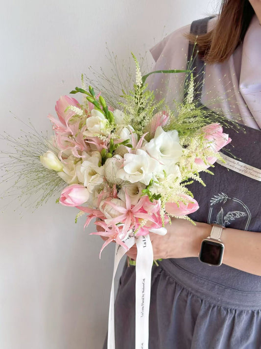 「All For Love」Bridal Bouquet - Tulips Pink & White Color Theme